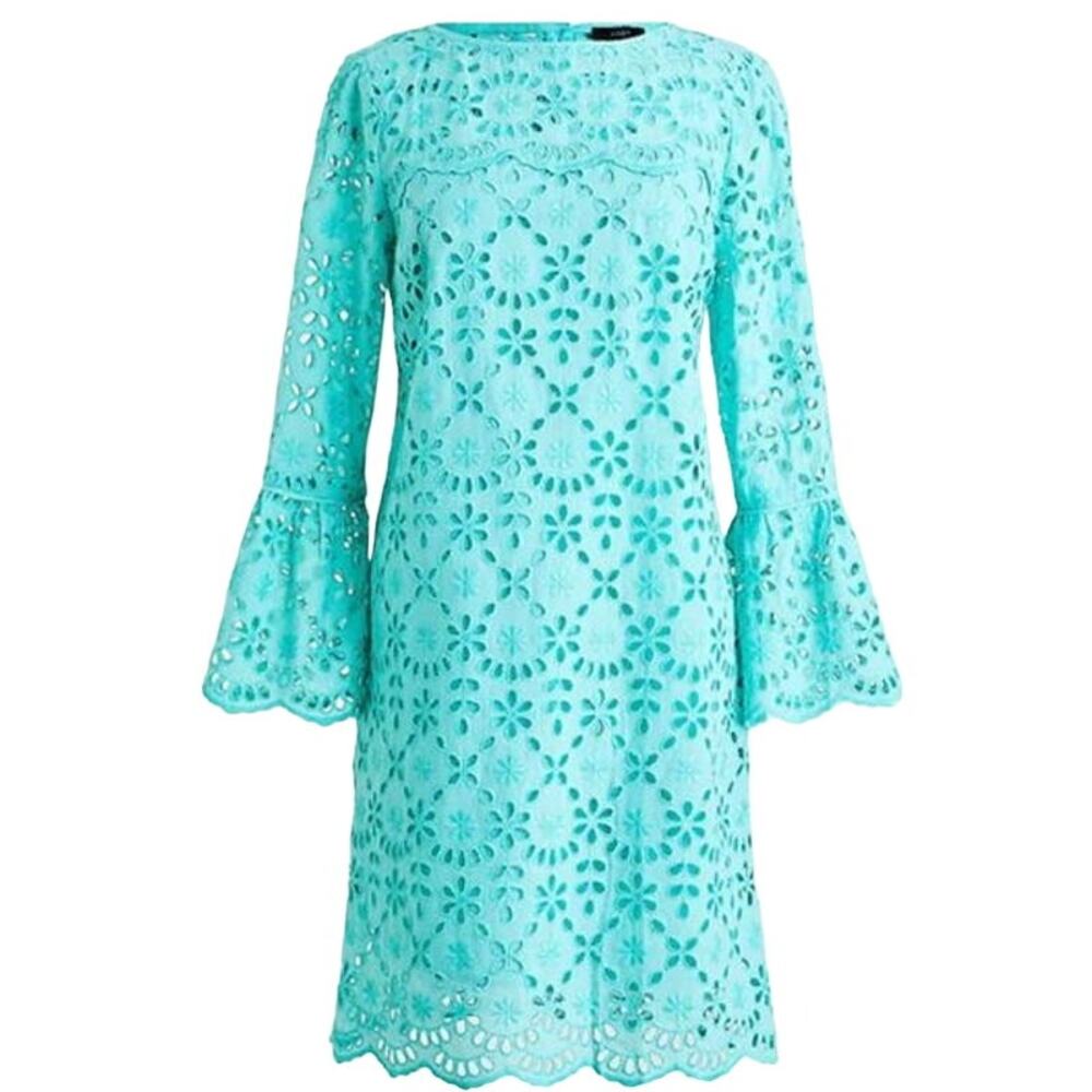 J.Crew Women's Bell-Sleeve Dress In Embroidered Eyelet Scalloped Shift Size 0
